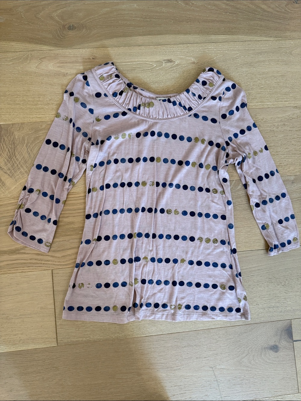 Anthropologie Mauve Pink Boatneck 3/4 Sleeve Top with Navy and Gold Dots size S